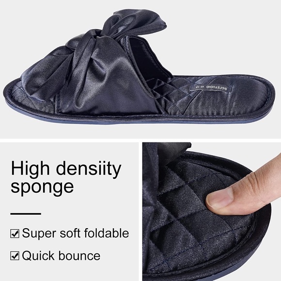 Open Toe Bow Slip On Slides Slippers Sandals Anti-Skid Rubber Sole Black 7-7.5 - Picture 3 of 5